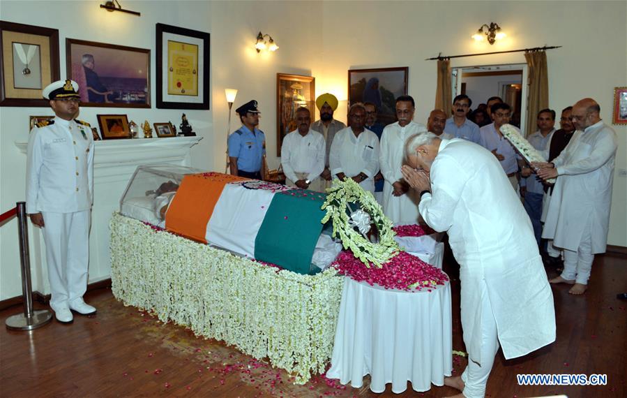 Indian Prime Minister Narendra Modi pays homage to the former Prime Minister of India Atal Bihari Vajpayee in New Delhi, India on Aug. 16, 2018. India's former Prime Minister Atal Bihari Vajpayee passed away on Thursday, according to a statement issued by the hospital where he was admitted. (Xinhua/ Stringer)